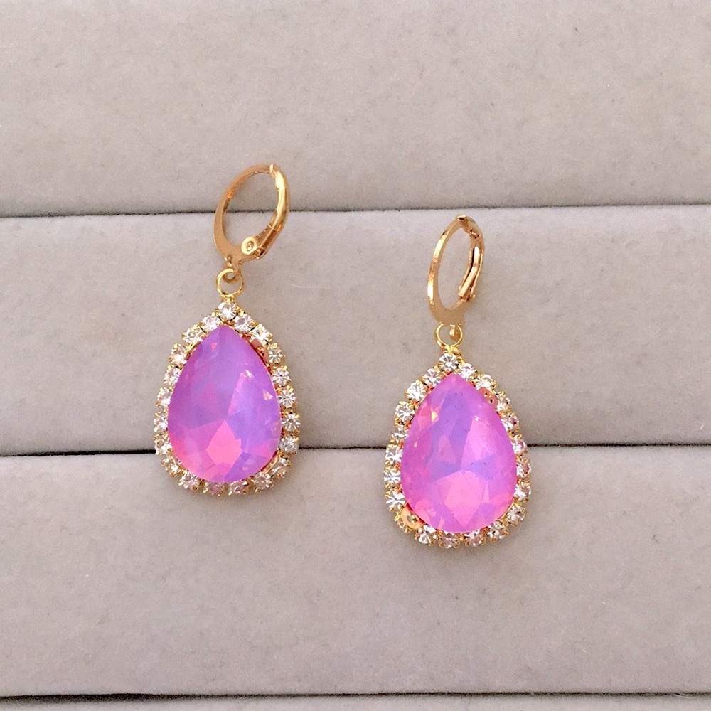 Pink-Purple Opal Aurora Borealis + Gold Crystal Halo Pear Drop Earrings - Picture 5 of 6